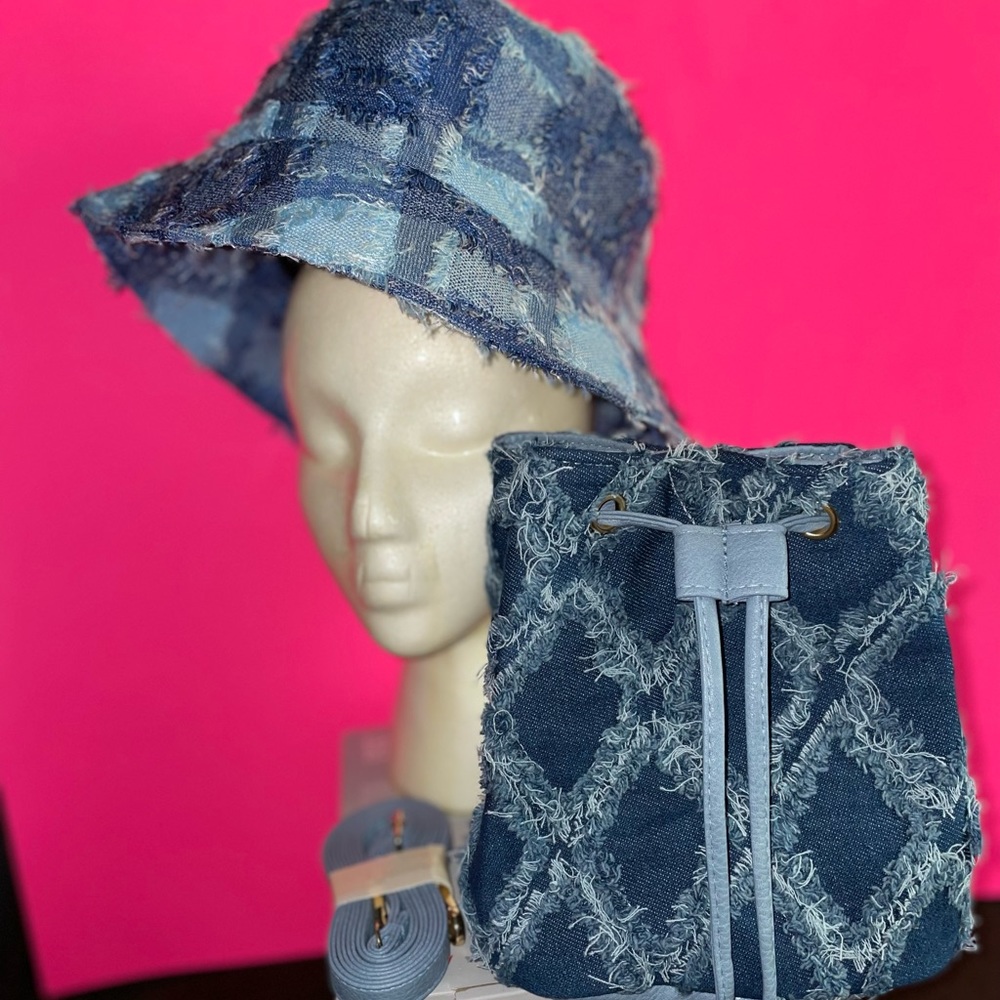Denim bucket hat with denim mini bucket tote bag